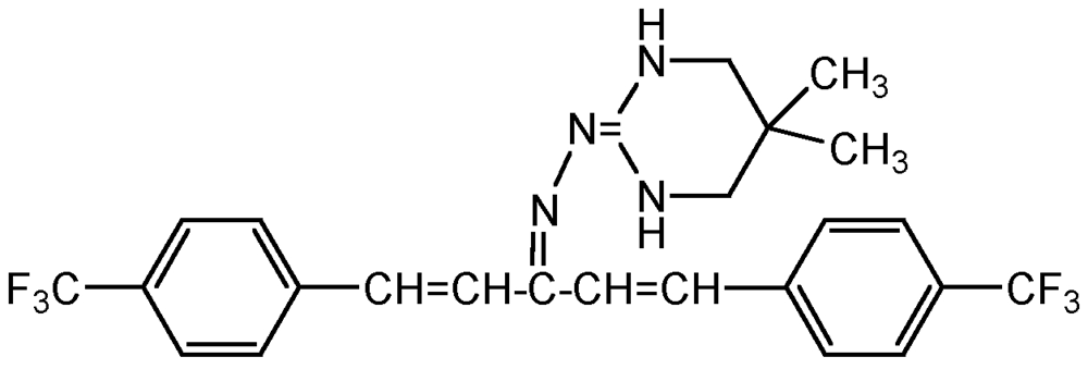 Picture of Amdro ; Tetrahydro-5.5-dimethyl-2(1H)-pyrimidinone [3-[4-(triflouromethyl)phenyl]-1-[2-[4-triflouromethyl)phenyl]ethenyl]-2-propenylidene] hydrazone; Hydramethylnon; PS-1001