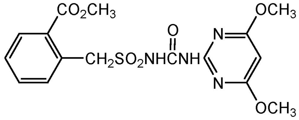 Picture of Bensulfuron-methyl ; Methyl 2-[[[[[(4.6-dimethoxy-2-pyrimidinyl)amino]carbonyl]amino]; Londax®; Escuri®; Bensulfuron-methyl; Pilardax®; Bendas®; PS-1082