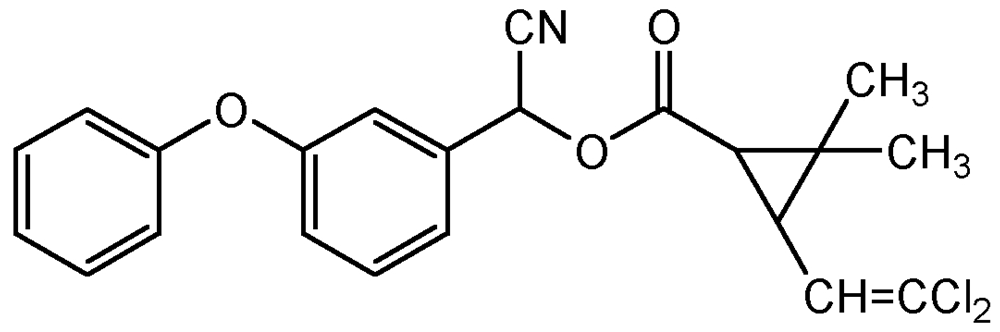 Picture of Cypermethrin ; ()(a)-Cyano-3-phenoxybenzyl() cis;trans-3-(2.2-dichlorovinyl; Ammo®; Barricide®; Cymbush; Cyperkill; Flocord®; Imperator; Kafil Super; PS-1068