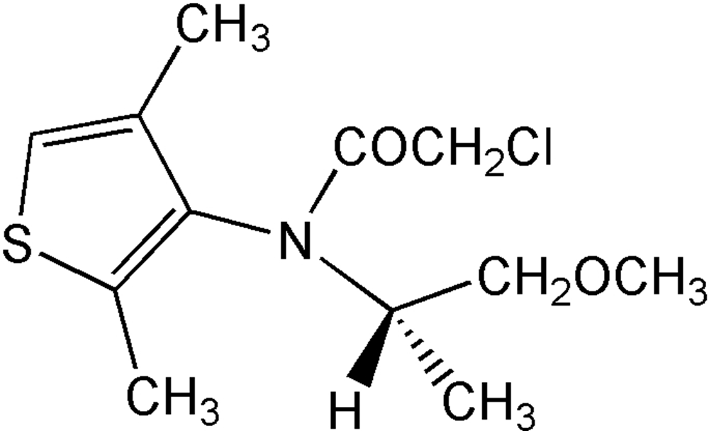 Picture of Dimethenamid-P ; Outlook®; (S)-2-Chloro-N-(2;4-dimethyl-3-thienyl)-N-(2-methoxy-; (S)-1-Anilino-4-methyl-2-methylthio; S-5-Methyl-2-methylthio-5-phenyl-3-phenylamino-3;5-dihydro-4Himi; PS-2291