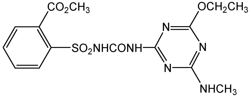 Picture of Ethametsulfuron-methyl ; Muster®; Methyl 2-((4-ethoxy-6-methylamino-1;3;5-triazin-2-yl); PS-2183