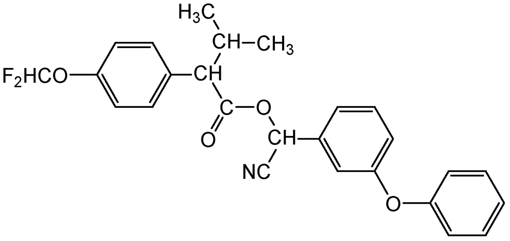Picture of Flucythrinate ; Aastar®; CyBolt®; Cythrin®; Funchiong jujr®; Pay-Off®; (+)-Cyano(3-phenoxyphenyl)methyl()-4-(difluoromethoxy)-; PS-1072