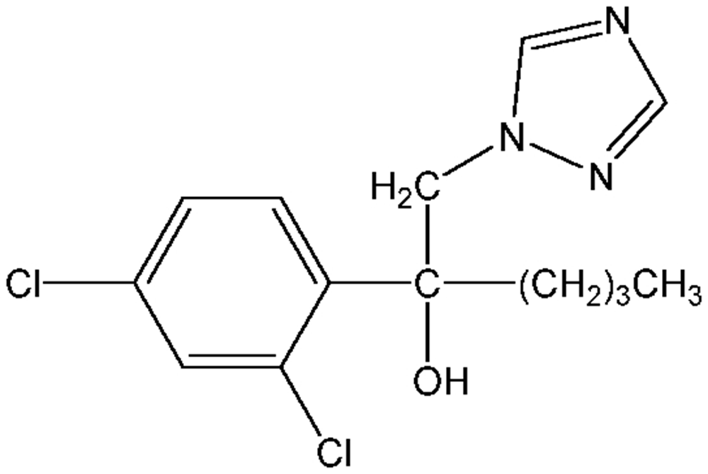 Picture of Hexaconazole ; Hexaconazole; (RS)-2-(2;4-Dichlorophenyl)-1-(1H-1;2;4-triazol-1-yl)hexan-2-ol; Anvil®; Planete Aster®; Bullet®; Amizol®; Canvil®; PS-2157