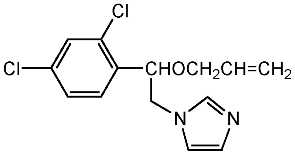 Picture of Imazalil ; ()-1-(B-Allyloxy-2;4-dichlorophenylethyl)imidazole; Deccozil®; Flo-Pro®; Florasan®; Freshgard®; Fungaflor®; Fungazil®: Fecundal®; Chloramizol®; 1-[2-(2;4-Dichlorophenyl)-2-(2-propenyloxy)ethyl]-1H-imidazole; PS-2043