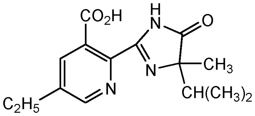 Picture of Imazethapyr ; Pursuit®; (RS)-5-Ethyl-2-(4-isopropyl-4-methyl-5-oxo-2-imidazolin-2-yl)-ni; Pivot®; PS-2039