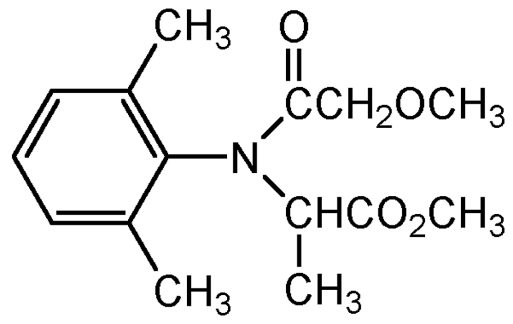 Picture of Metalaxyl ; N-(2;6-Dimethylphenyl)-N-(methoxyacetyl)-alanine methyl ester; Apron®; Ridomil®; Subdue®; PS-1099