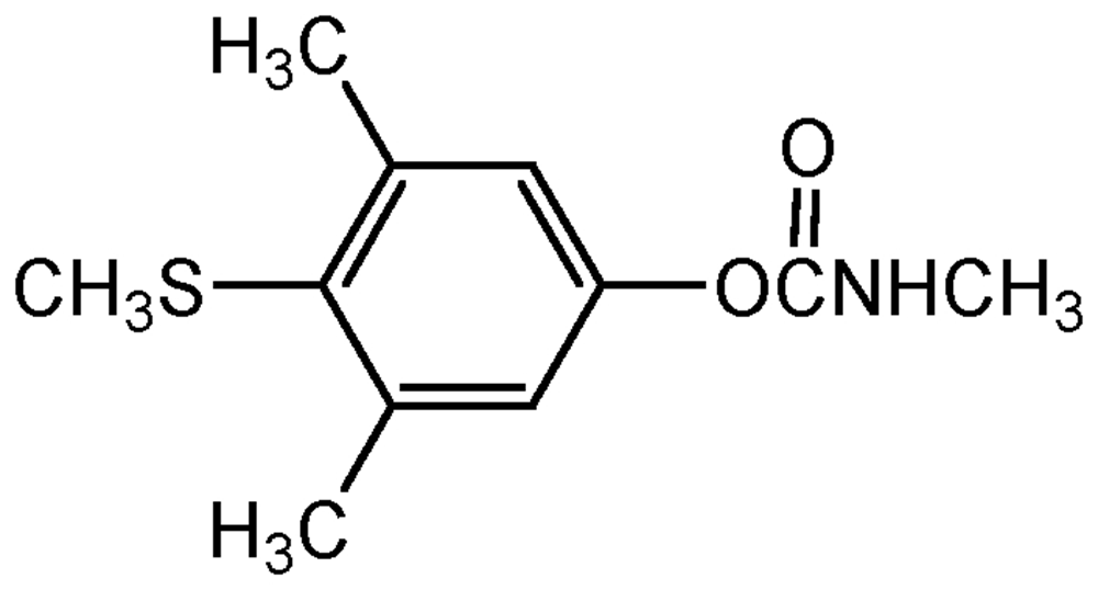 Picture of Methiocarb ; 3.5-Dimethyl-4-[methylthio]phenylmethylcarbamate; 4-[Methylthio]-3.5-xylyl-N-methylcarbamate; Mesurol®; Mercaptodimethur; PS-543; F2042