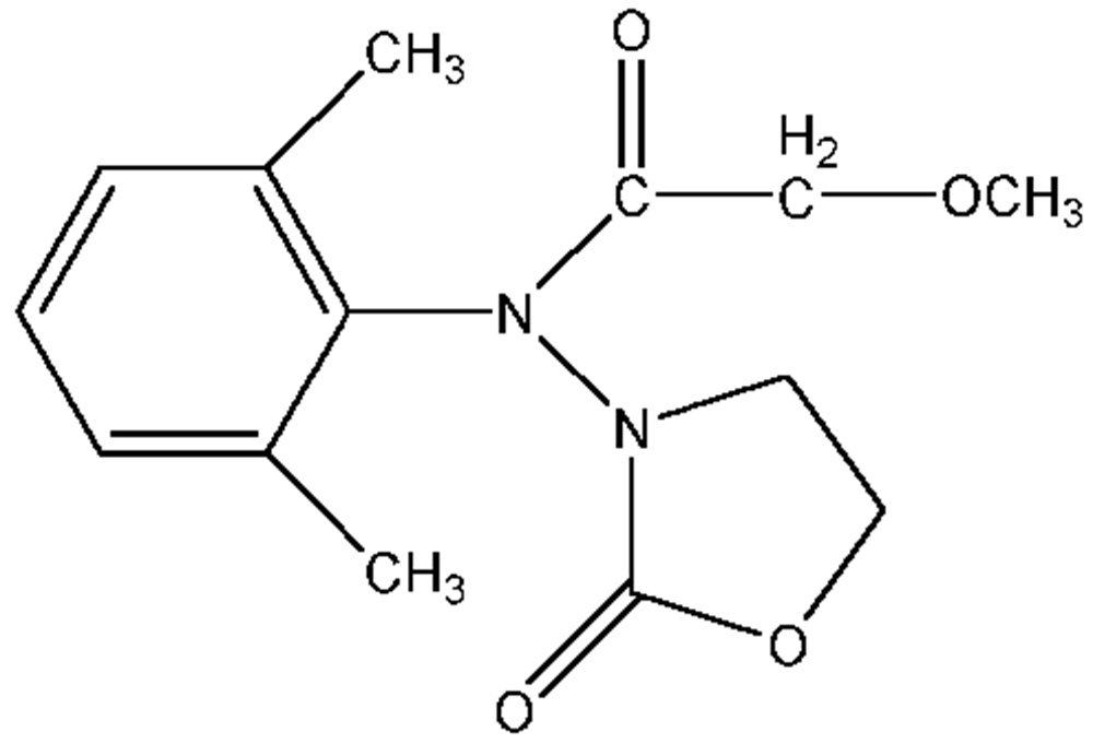 Picture of Oxadixyl ; Anchor®; Sandofan®; 2-Methoxy-N-(2-oxo-1;3-oxazolidin-3-yl)aceto-2';6'-xylidide; N-(2;6-Dimethylphenyl)-2-methoxy-N-(2-oxo-3-oxazolidinyl)acetami; PS-2137