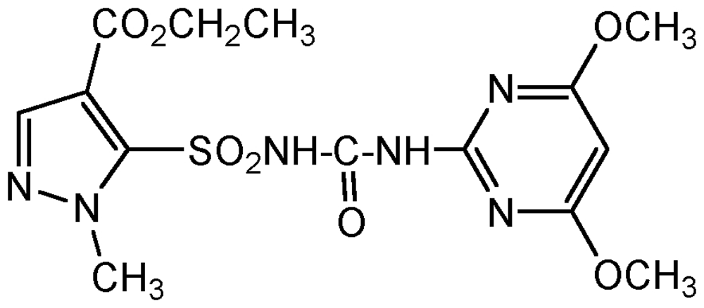 Picture of Pyrazosulfuron-ethyl ; Acord®; Agreen®; Sirius®; Ethyl 5-(4;6-dimethoxypyrimidin-2-ylcarbamoylsulfamoyl)-1-methyl; PS-2105