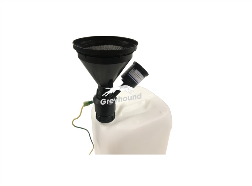 Picture of Electrically conductive funnel with ball valve equipped with a stainless steel sieve and an adapter for an activated charcoal cartridge for S55 can