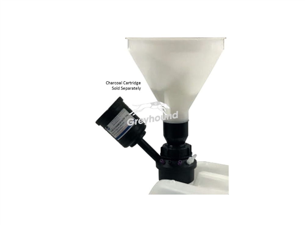 Picture of Smart Waste Cap funnel with ball valve with 1 Universal connector (1/8" to 1/16"), 1 barbed tube fitting (6-9 mm) and 1 charcoal cartridge filter port for S60 can