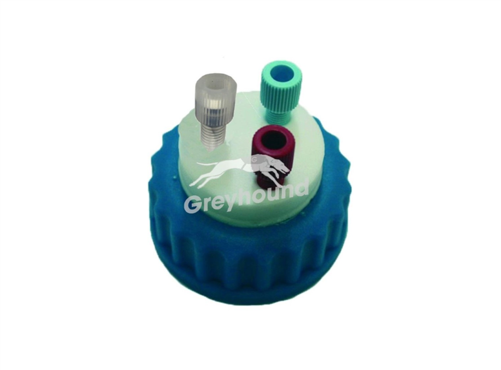 Picture of Smart Healthy Cap GL45 with 2 Universal connectors (1/8" to 1/16") and 1 air check valve for amines and strong polar solvent vapors