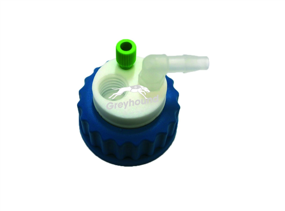 Picture of Smart Waste Cap GL45 with 1 Universal connector (1/8" to 1/16"), 1 barbed tube fitting (6-9 mm) and 1 charcoal cartridge filter port