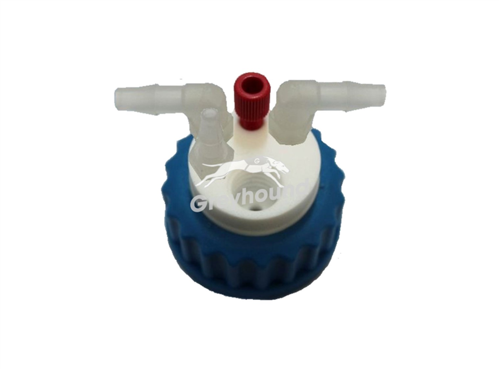 Picture of Smart Waste Cap GL45 with 1 Universal connector (1/8" to 1/16"), 3 barbed tube fittings (6-9 mm), 1 charcoal cartridge filter port