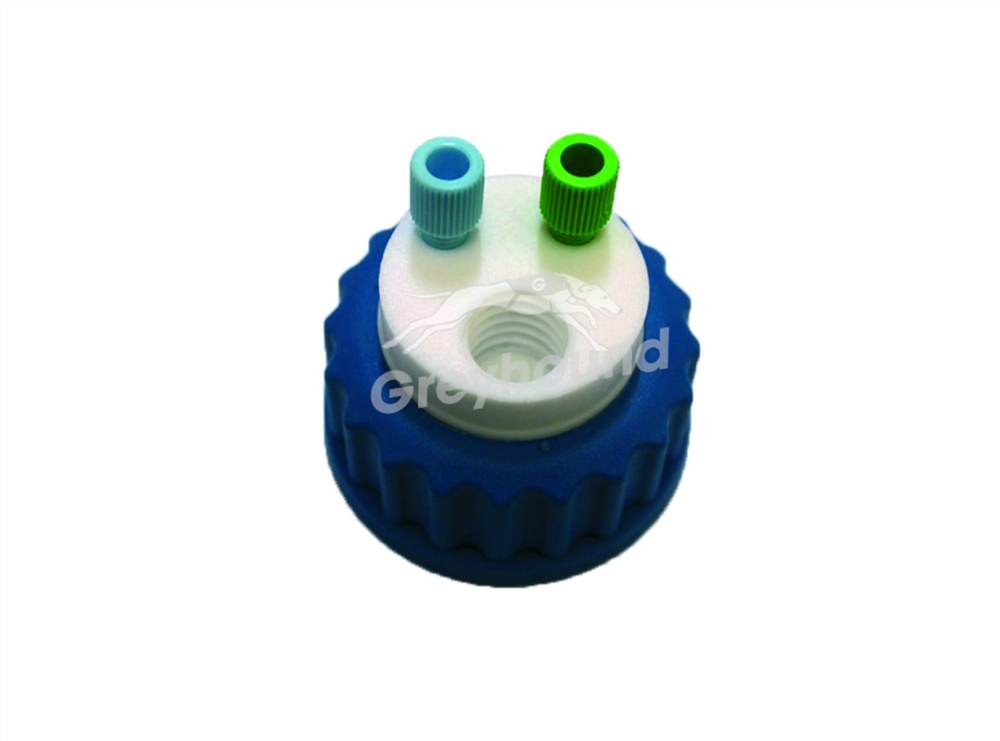 Picture of Smart Waste Cap GL45 with 2 Universal connectors (1/8" to 1/16") and 1 charcoal cartridge filter port 