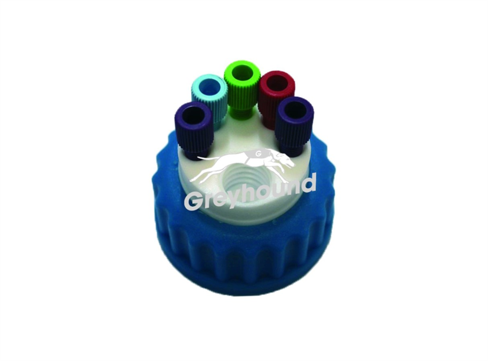 Picture of Smart Waste Cap GL45 with 5 Universal connectors (1/8" to 1/16") and 1 charcoal cartridge filter port