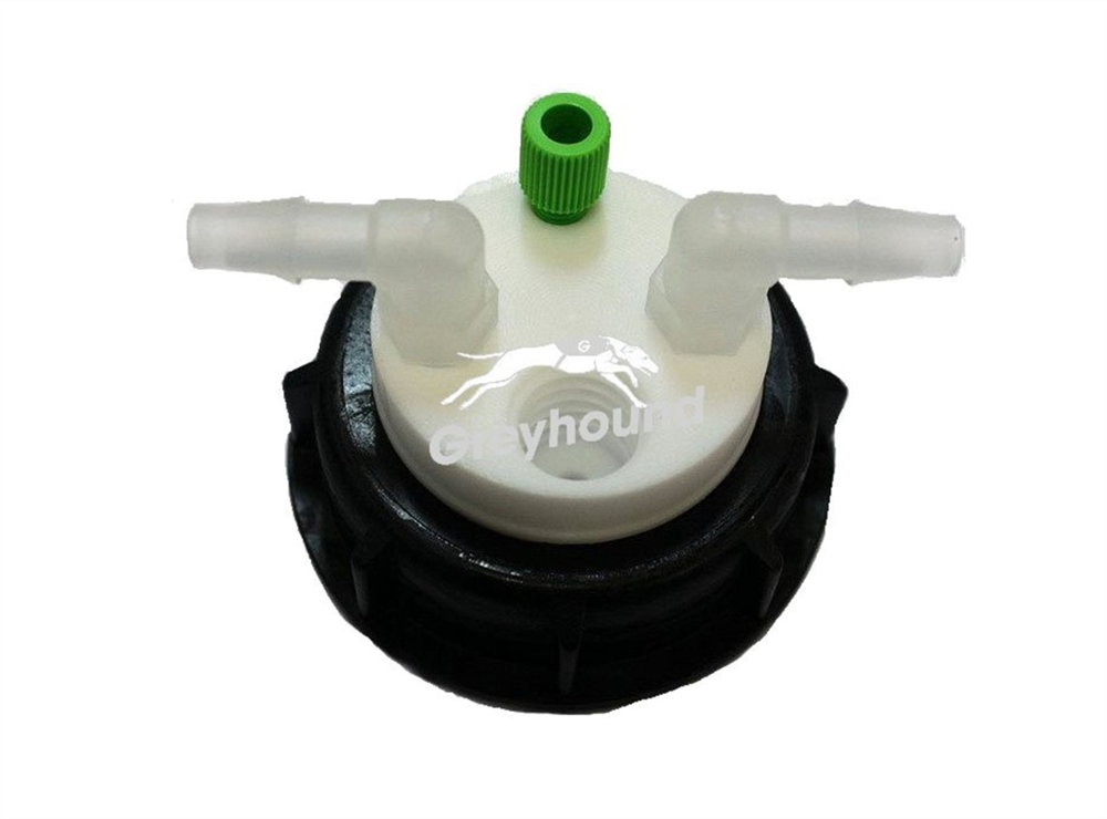 Picture of Smart Waste Cap S55 with 1 Universal connector (1/8" to 1/16"), 2 barbed tube fittings (6-9 mm) and 1 charcoal cartridge filter port