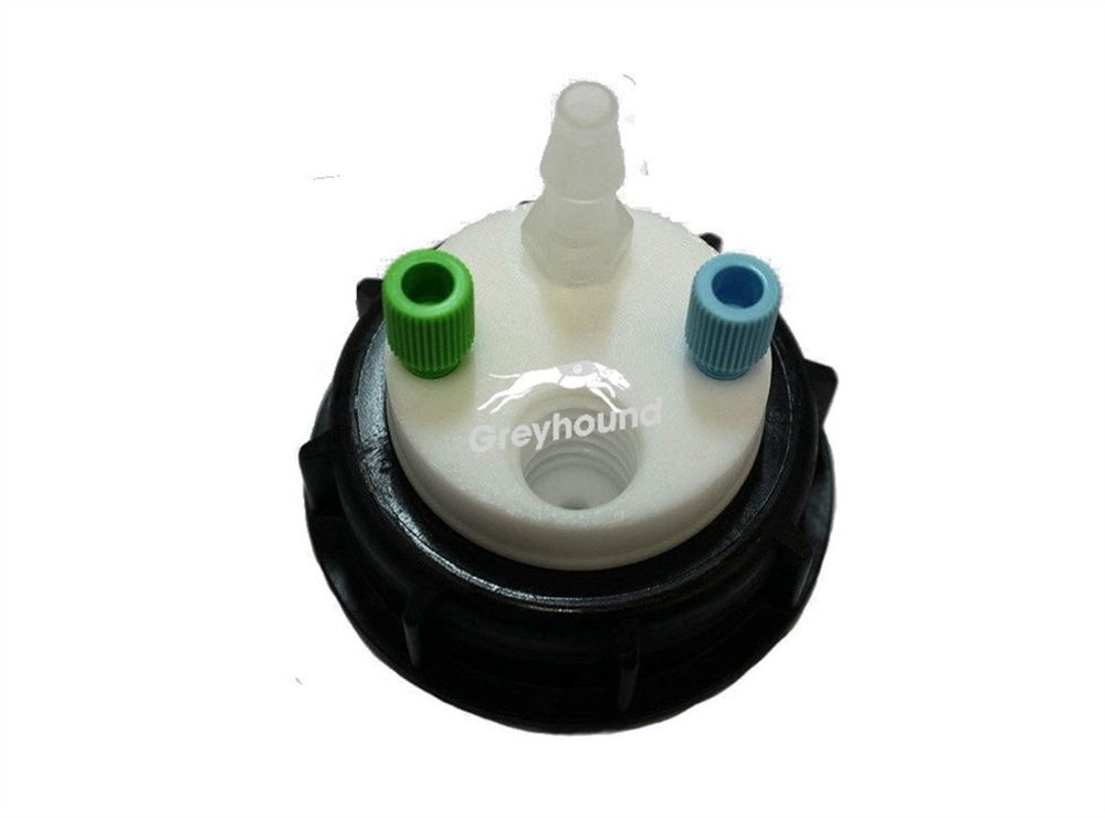 Picture of Smart Waste Cap S55 with 2 Universal connectors (1/8" to 1/16"), 1 barbed tube fitting (6-9 mm) and 1 charcoal cartridge filter port