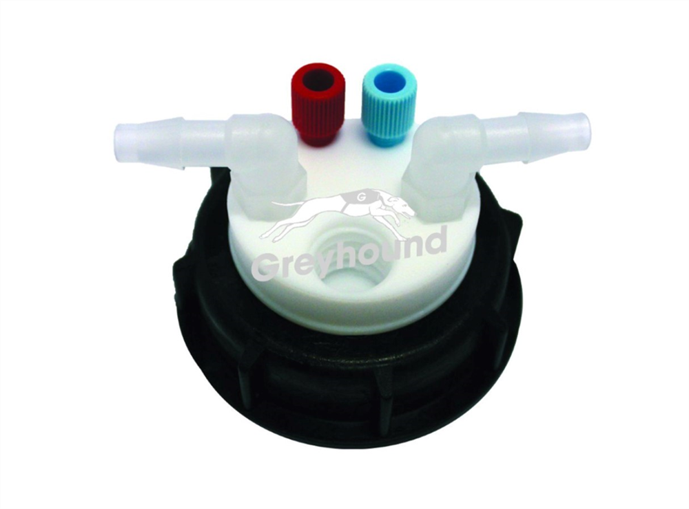 Picture of Smart Waste Cap S55 with 2 Universal connectors (1/8" to 1/16"), 2 barbed tube fittings (6-9 mm) and 1 charcoal cartridge filter port