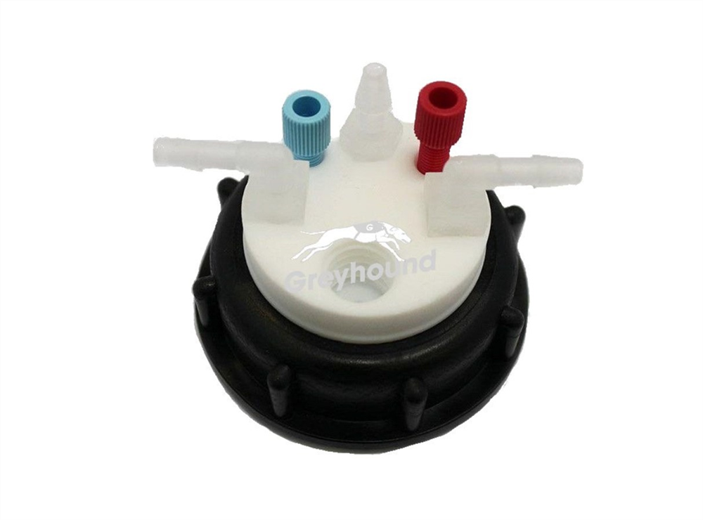 Picture of Smart Waste Cap S55 with 2 Universal connectors (1/8" to 1/16"), 3 barbed tube fittings (6-9 mm) and 1 charcoal cartridge filter port