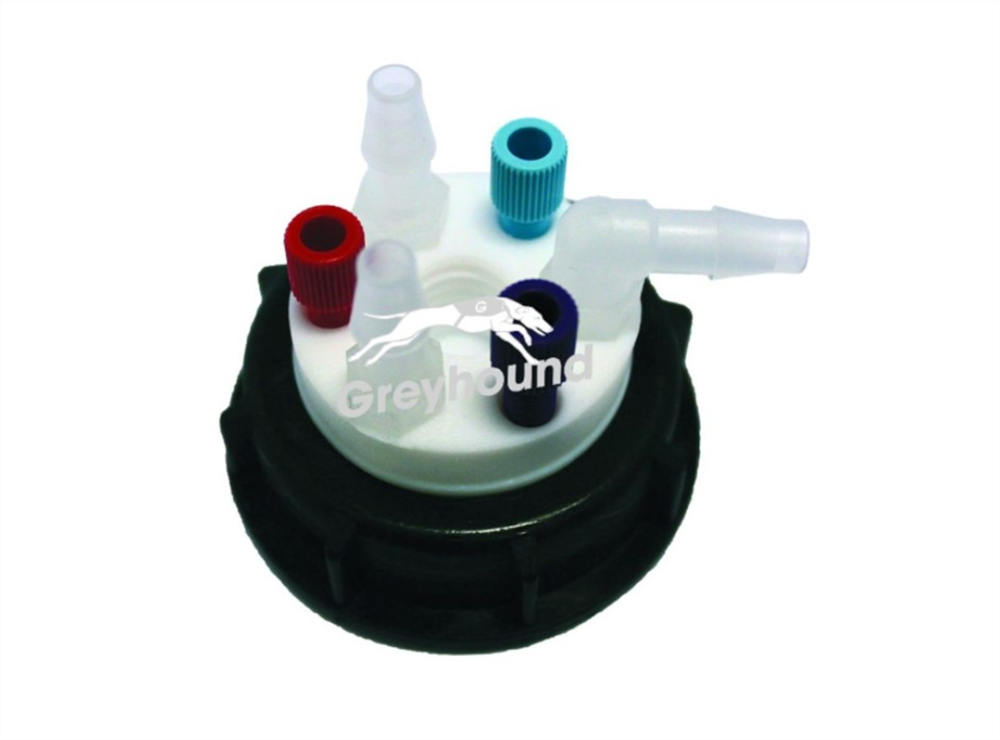 Picture of Smart Waste Cap S55 with 3 Universal connectors (1/8" to 1/16"), 3 barbed tube fittings (6-9 mm) and 1 charcoal cartridge filter port