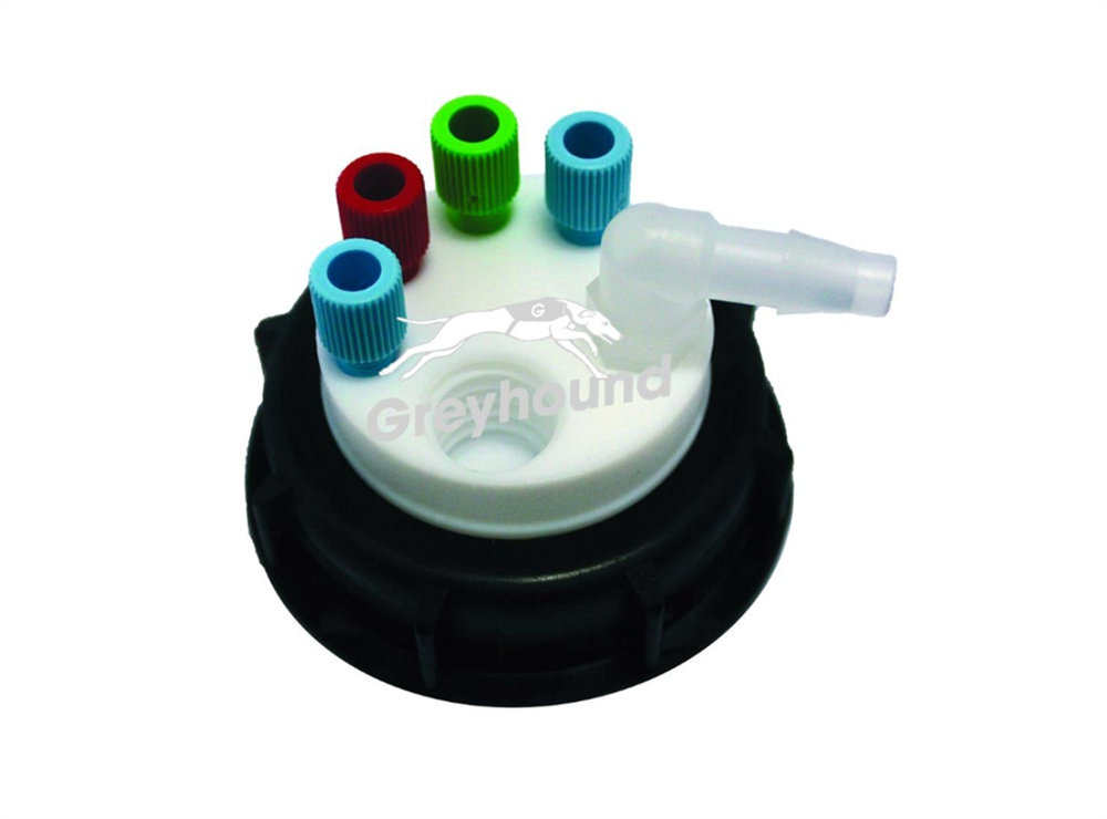 Picture of Smart Waste Cap S55 with 4 Universal connectors (1/8" to 1/16"), 1 barbed tube fitting (6-9 mm) and 1 charcoal cartridge filter port