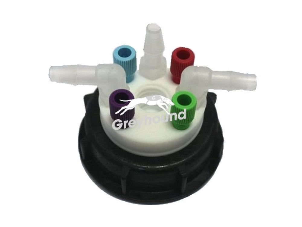 Picture of Smart Waste Cap S55 with 4 Universal connectors (1/8" to 1/16"), 3 barbed tube fitting (6-9 mm) and 1 charcoal cartridge filter port