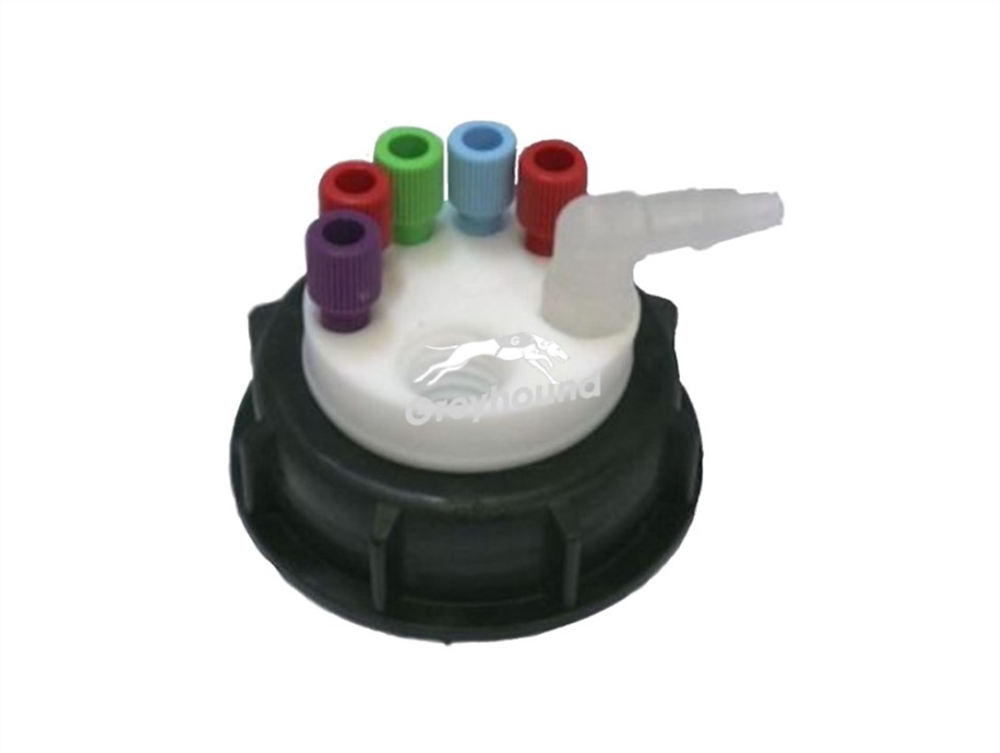 Picture of Smart Waste Cap S55 with 5 Universal connectors (1/8" to 1/16"),1 barbed tube fitting (6-9 mm) and 1 charcoal cartridge filter port