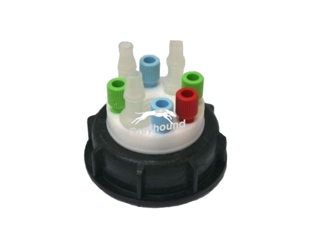 Picture of Smart Waste Cap S55 with 5 Universal connectors (1/8" to 1/16"), 3 barbed tube fittings (6-9 mm) and 1 charcoal cartridge filter port