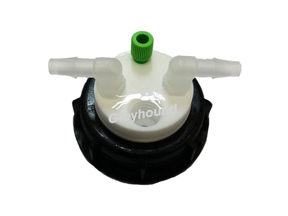 Picture of Smart Waste Cap S60 with 1 Universal connector (1/8" to 1/16"), 2 barbed tube fittings (6-9 mm) and 1 charcoal cartridge filter port 