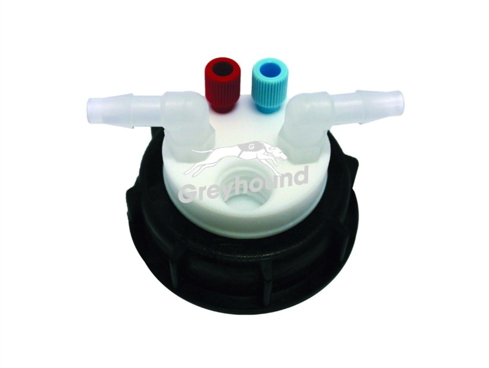 Picture of Smart Waste Cap S60 with 2 Universal connectors (1/8" to 1/16"), 2 barbed tube fittings (6-9 mm) and 1 charcoal cartridge filter port