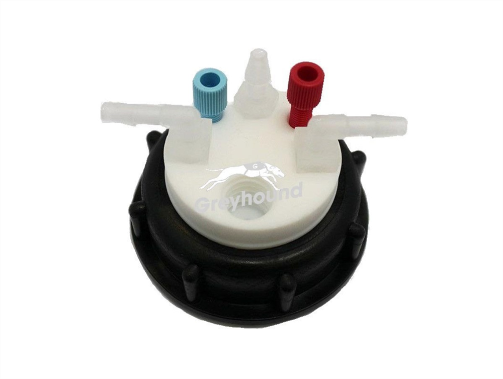 Picture of Smart Waste Cap S60 with 2 Universal connectors (1/8" to 1/16"), 3 barbed tube fittings (6-9 mm) and 1 charcoal cartridge filter port