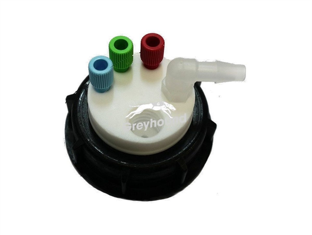 Picture of Smart Waste Cap S60 with 3 Universal connectors (1/8" to 1/16"), 1 barbed tube fitting (6-9 mm) and 1 charcoal cartridge filter port