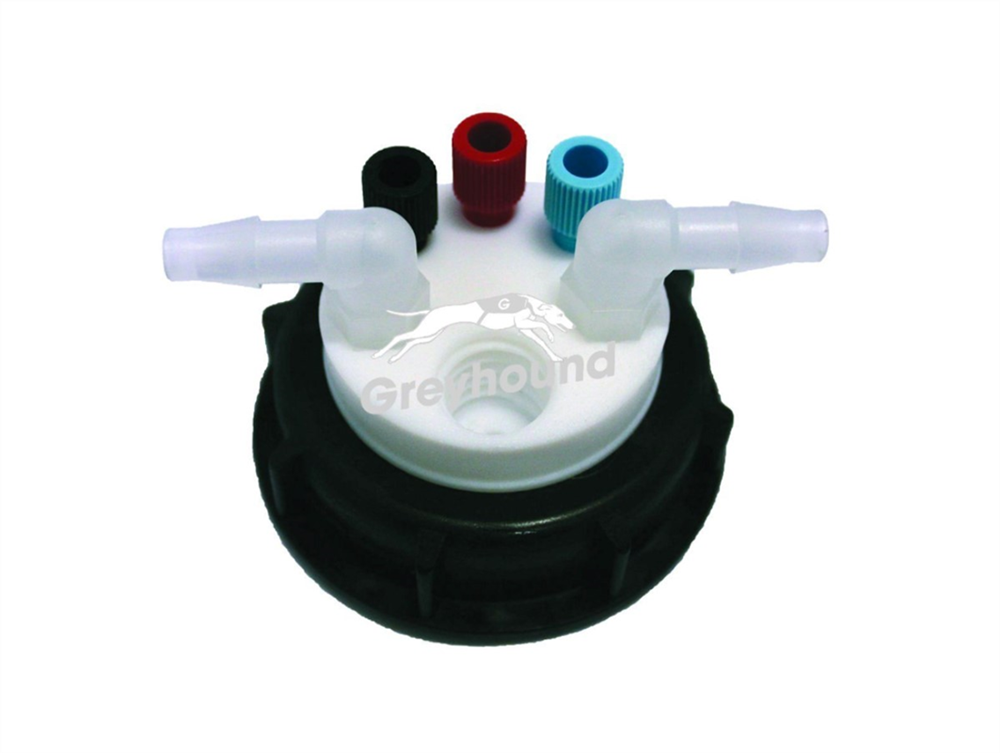Picture of Smart Waste Cap S60 with 3 Universal connectors (1/8" to 1/16"), 2 barbed tube fittings (6-9 mm) and 1 charcoal cartridge filter port
