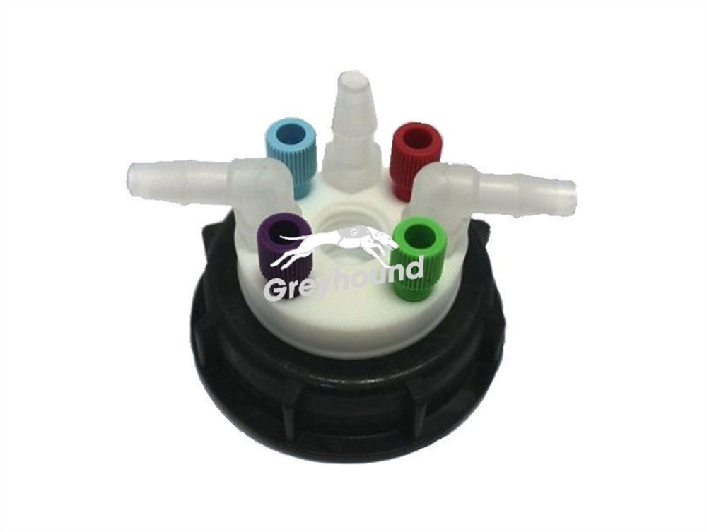 Picture of Smart Waste Cap S60 with 4 Universal connectors (1/8" to 1/16"), 3 barbed tube fittings (6-9 mm)1 charcoal cartridge filter port
