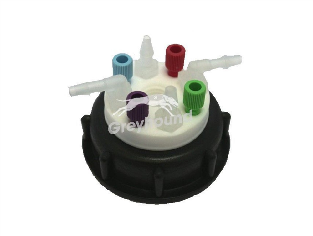 Picture of Smart Waste Cap S60 with 4 Universal connectors (1/8" to 1/16"), 4 barbed tube fittings (6-9 mm) and 1 charcoal cartridge filter port