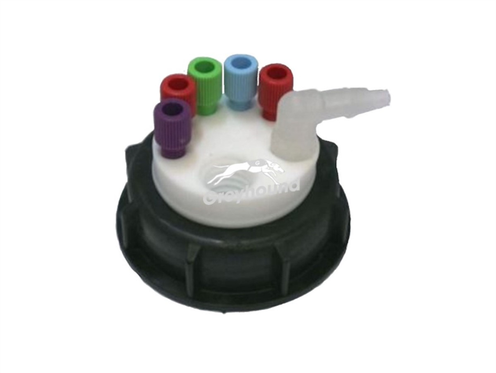 Picture of Smart Waste Cap S60 with 5 Universal connectors (1/8" to 1/16"), 1 barbed tube fitting (6-9 mm) and 1 charcoal cartridge filter port