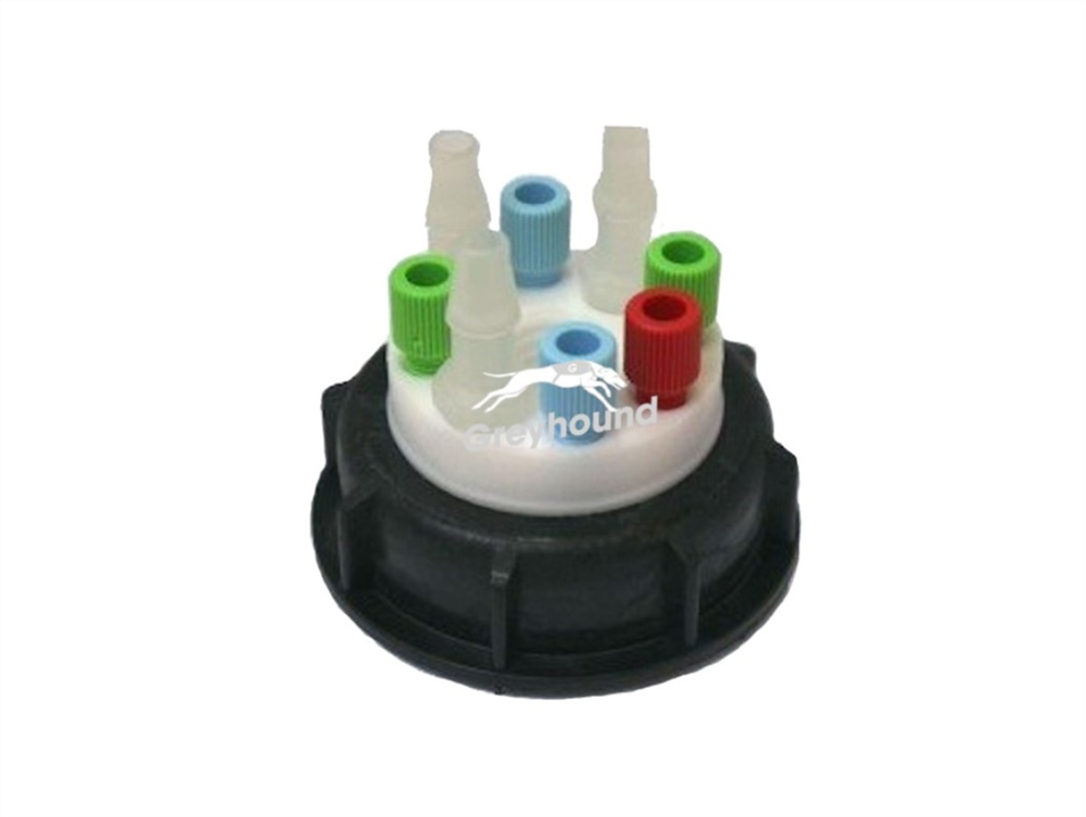 Picture of Smart Waste Cap S90 with 5 Universal connectors (1/8" to 1/16"), 3 barbed tube fittings (6-9 mm) and 1 charcoal cartridge filter port