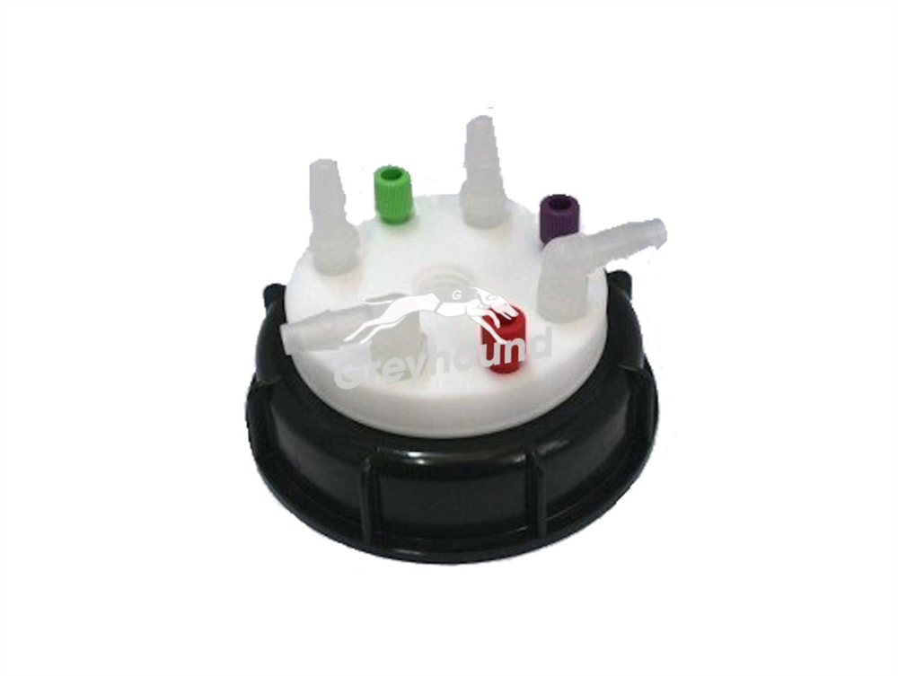 Picture of Smart Waste Cap S90 with 3 Universal connectors (1/8" to 1/16"), 4 barbed tube fittings (6-9 mm) and 1 charcoal cartridge filter port