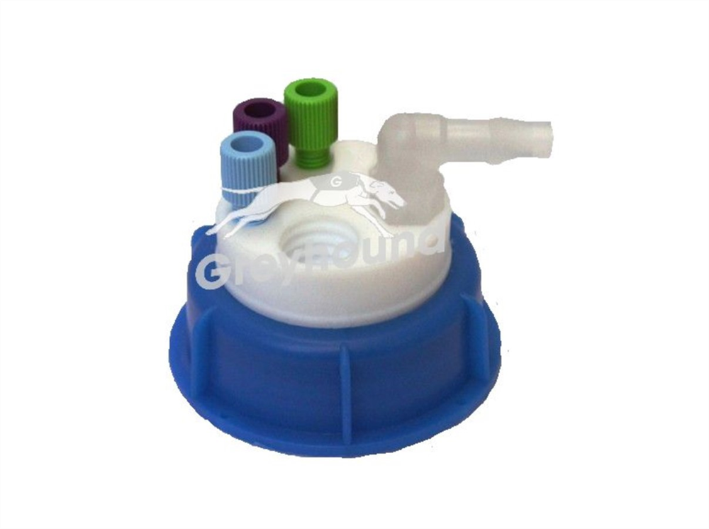 Picture of Smart Waste Cap S50 Burkle can with 3 Universal connectors (1/8" to 1/16"), 1 barbed tube fitting (6-9 mm) and 1 charcoal cartridge filter port
