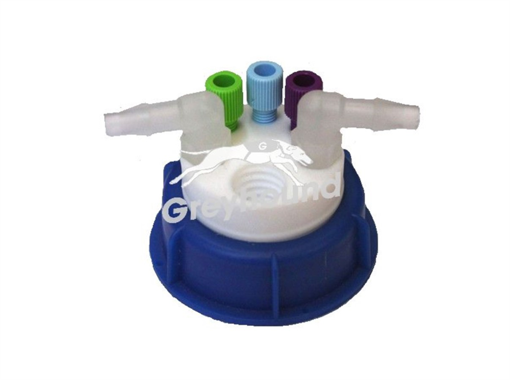 Picture of Smart Waste Cap S50 Burkle can with 3 Universal connectors (1/8" to 1/16"), 2 barbed tube fittings (6-9 mm) and 1 charcoal cartridge filter port