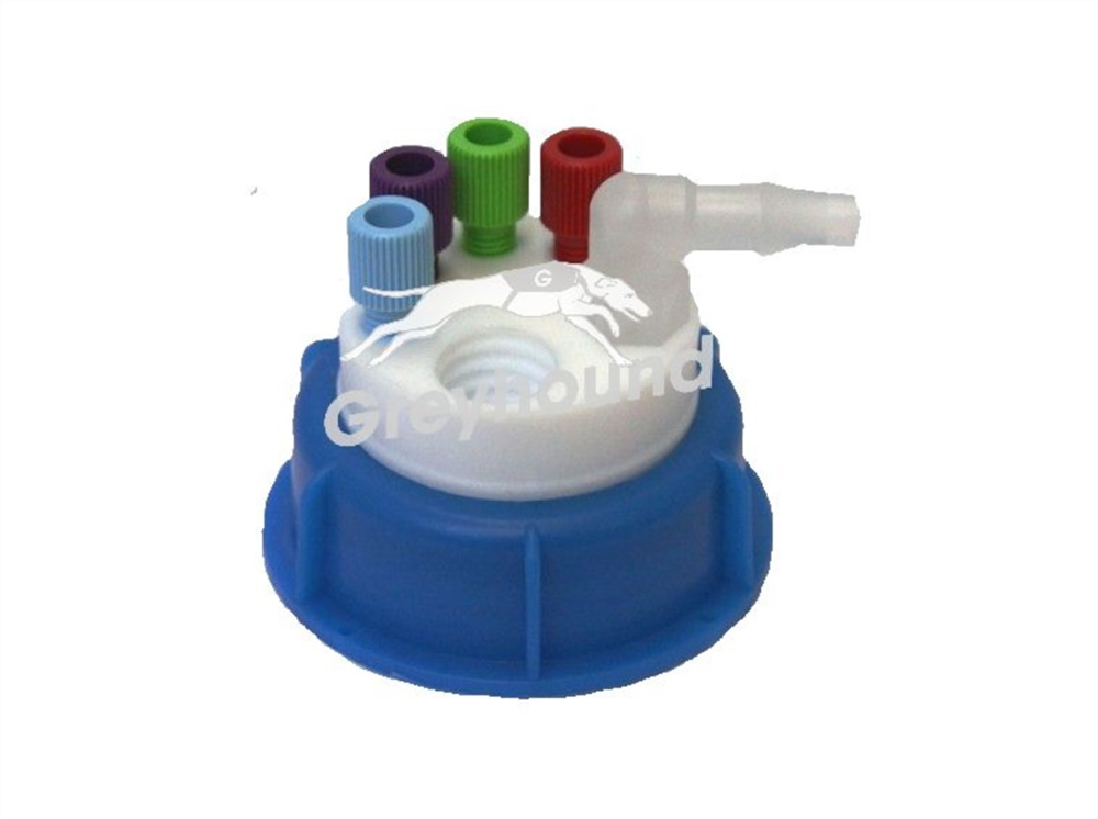 Picture of Smart Waste Cap S50 Burkle can with 4 Universal connectors (1/8" to 1/16"), 1 barbed tube fitting (6-9 mm) and 1 charcoal cartridge filter port