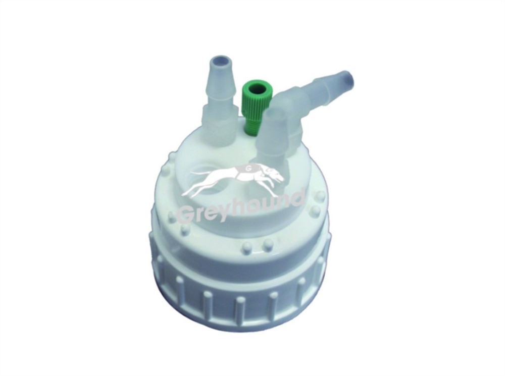 Picture of Smart Waste Cap B53 Nalgene bottle neck with 1 Universal connector (1/8" to 1/16"), 3 barbed tube fittings (6-9 mm) and 1 charcoal cartridge filter port