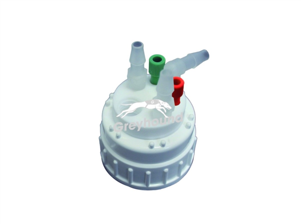 Picture of Smart Waste Cap B53 Nalgene bottle neck with 2 Universal connectors (1/8" to 1/16"), 3 barbed tube fittings (6-9 mm) and 1 charcoal cartridge filter port