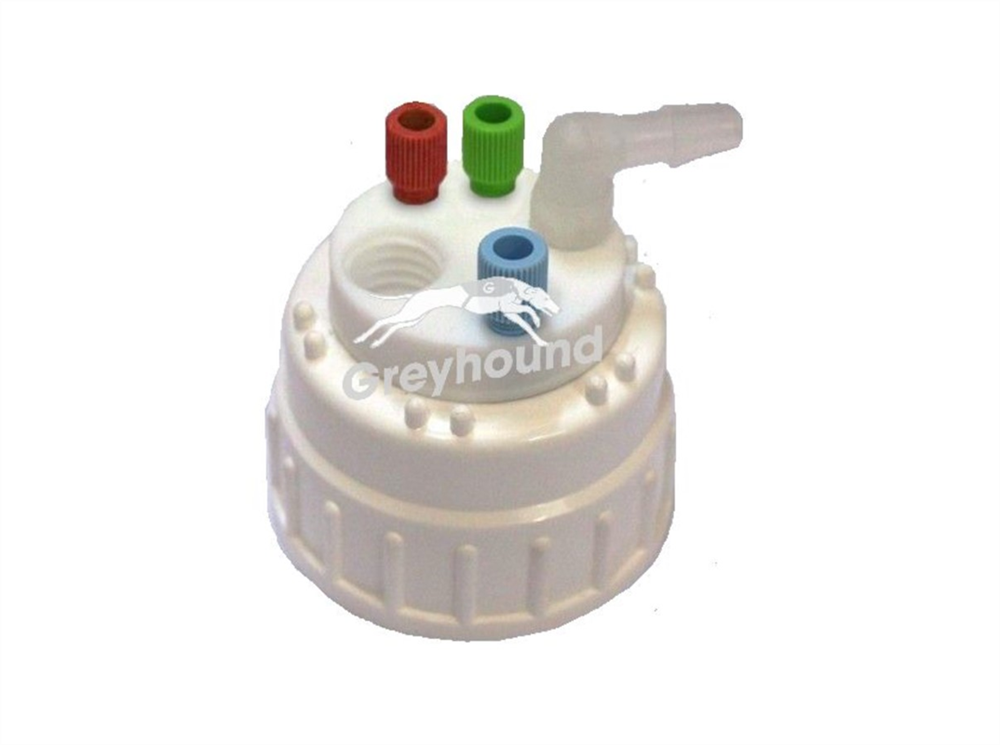 Picture of Smart Waste Cap B53 Nalgene bottle neck with 3 Universal connectors (1/8" to 1/16"), 1 barbed tube fitting (6-9 mm) and 1 charcoal cartridge filter port