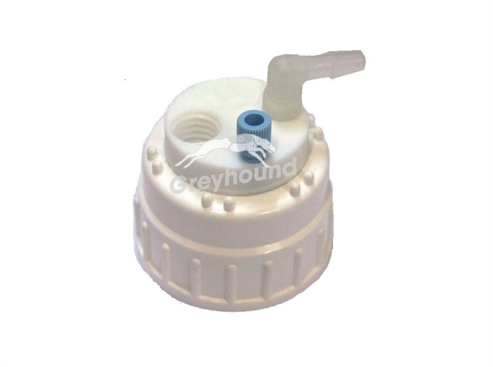Picture of Smart Waste Cap B83 Nalgene bottle neck with 1 Universal connector (1/8" to 1/16"), 1 barbed tube fitting (6-9 mm) and 1 charcoal cartridge filter port