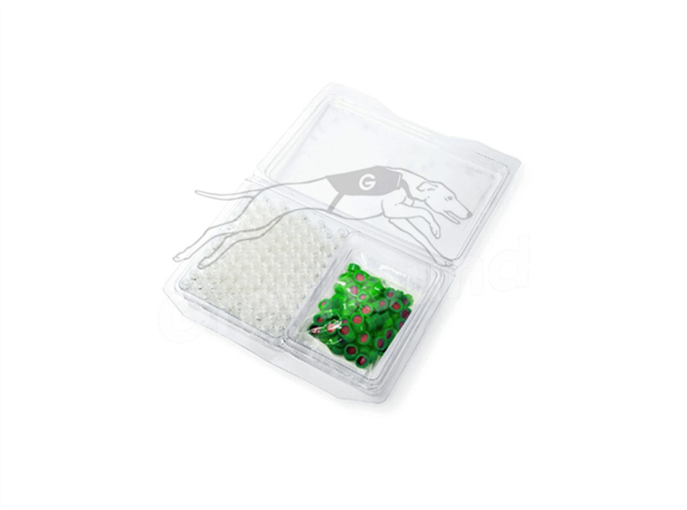 Picture of 2mL Screw Top Wide Neck Vial and Cap Combination Pack - Clear Glass with Green 9mm Open cap with Pre-cut Silicone/ PTFE Seal.    For PerkinElmer LC Autosampler
