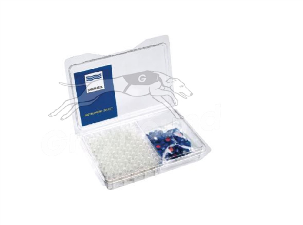 Picture of 2mL Screw Top Wide Neck Vial and Cap Combination Pack - Clear Glass with Write-on Patch and 9mm Open Blue Cap with White Silicone/Red PTFE Liner.   For Varian LC