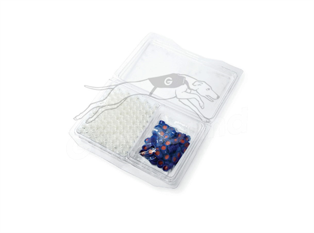 Picture of 2mL Screw Top Wide Neck Vial and Cap Combination Pack - Clear Glass with Write-on Patch and 9mm Open Blue cap with White Silicone/Red PTFE Liner.  For Waters Alliance LC