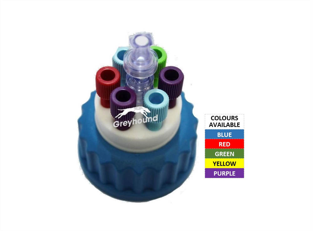 Picture of Smart Healthy Cap - Blue, GL45 with 6 Universal connectors (1/8" to 1/16") and 1 air check valve